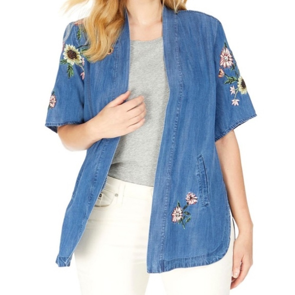 Style & Co Femme Charm Embroidered Kimono Chambray Top